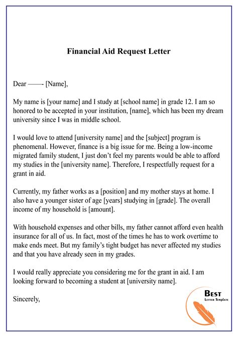 Sample Letter For Financial Assistance .